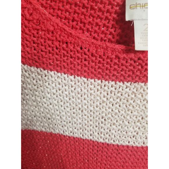 Chico's Women's Size 2 Coral/Ivory Metallic Striped Open knit Coastal‎ Sweater - Picture 3 of 9